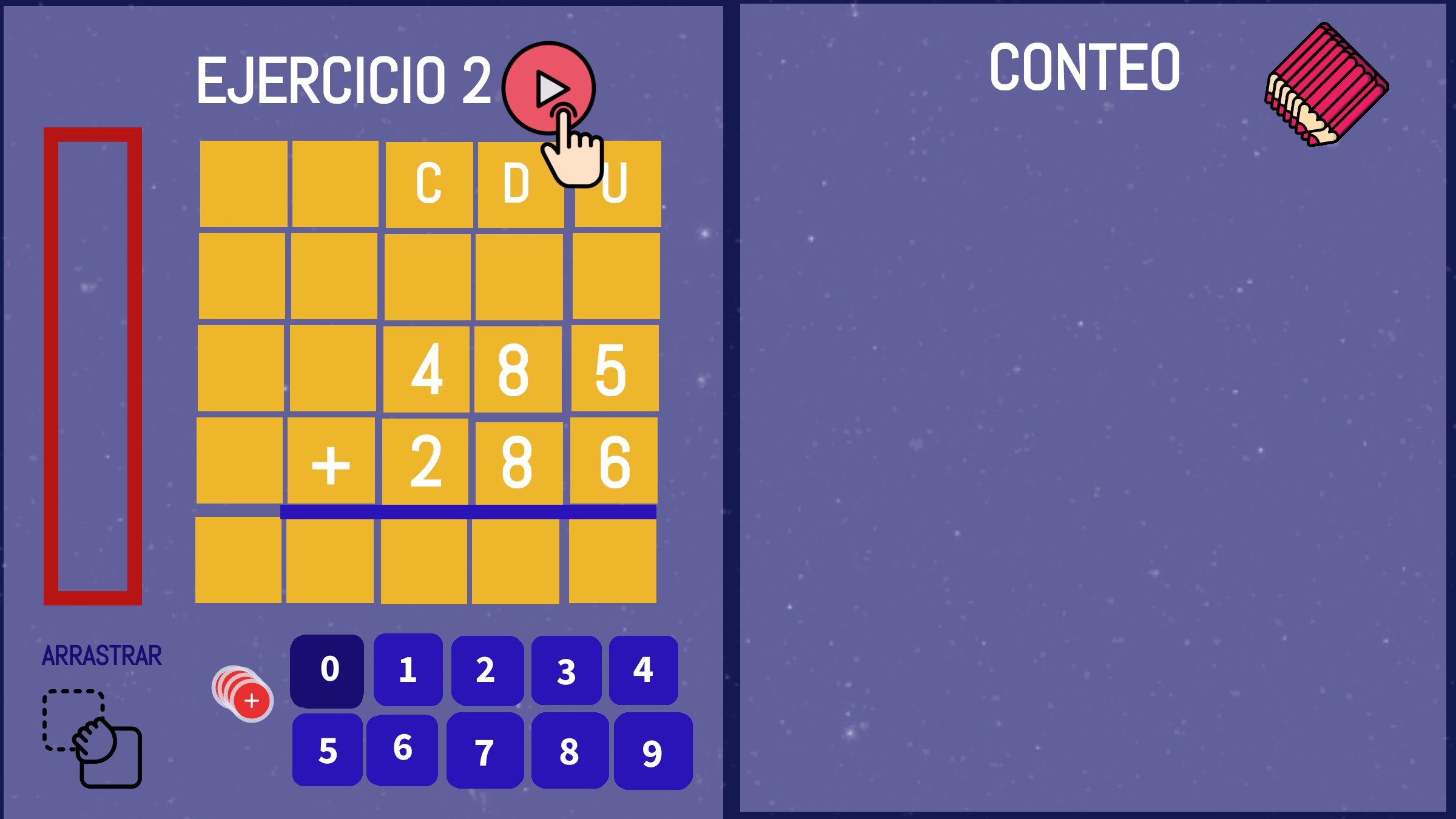 Adiciones con reserva práctica con apoyo en conteo